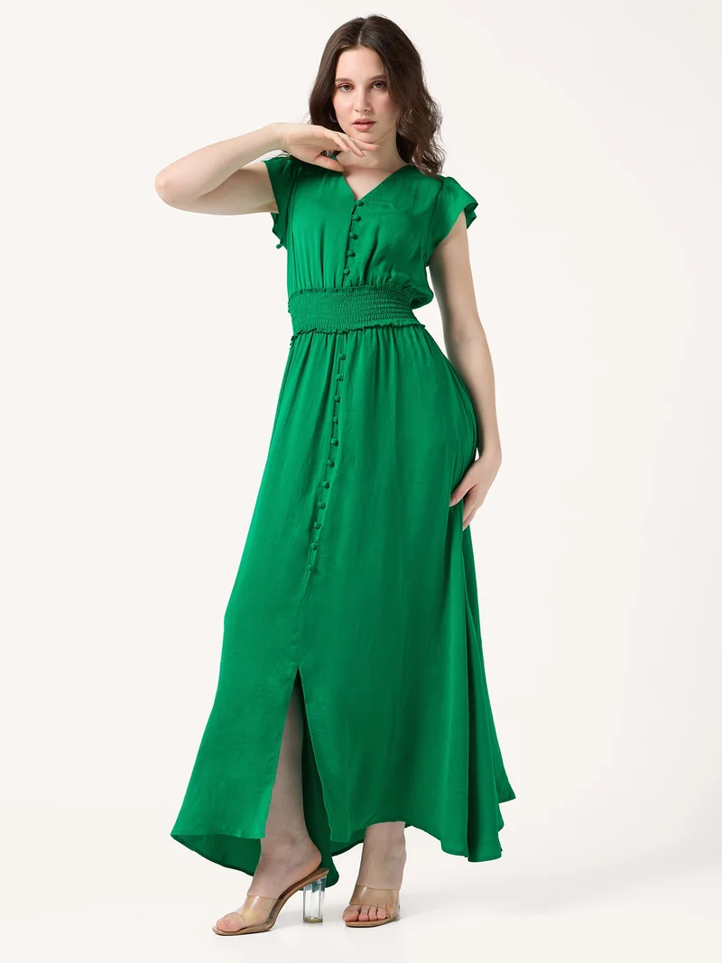 Outzidr  Green Tiered Maxi Length Flared Dress for Women | Best Price UAE
